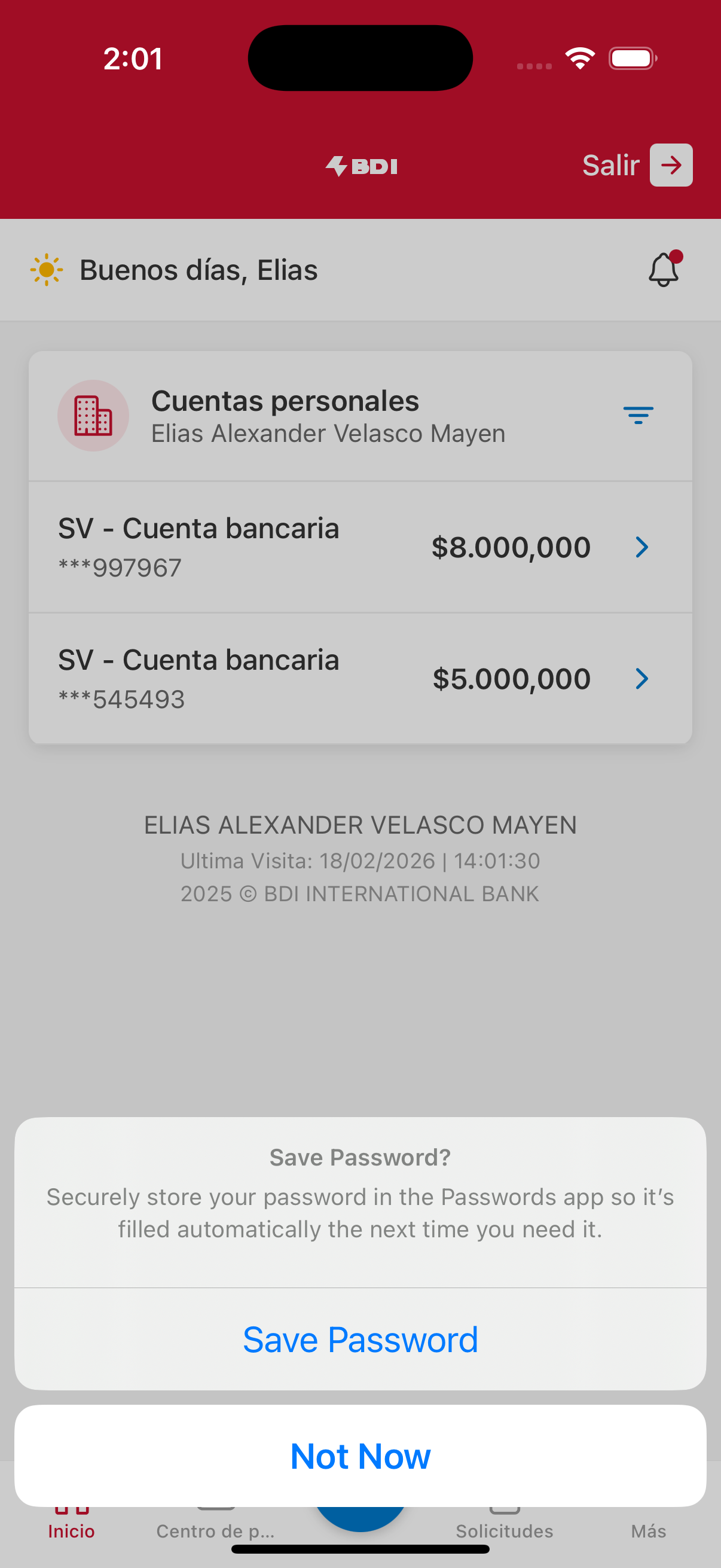 Banking app screen