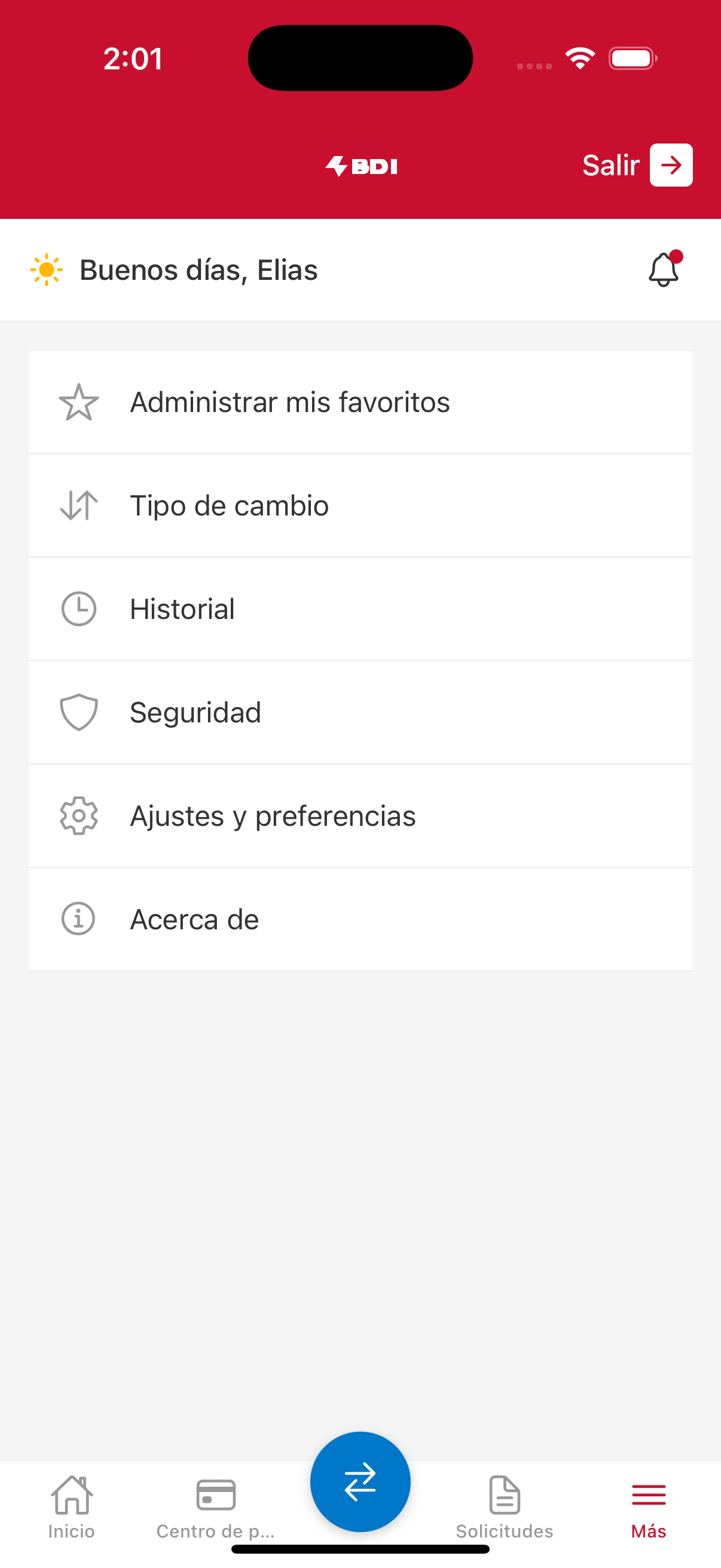 Banking app screen