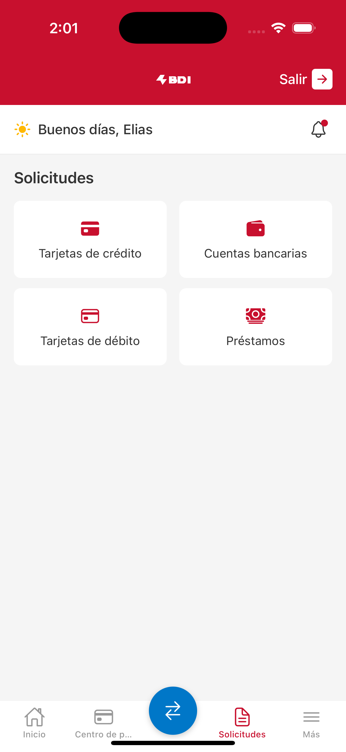 Banking app screen