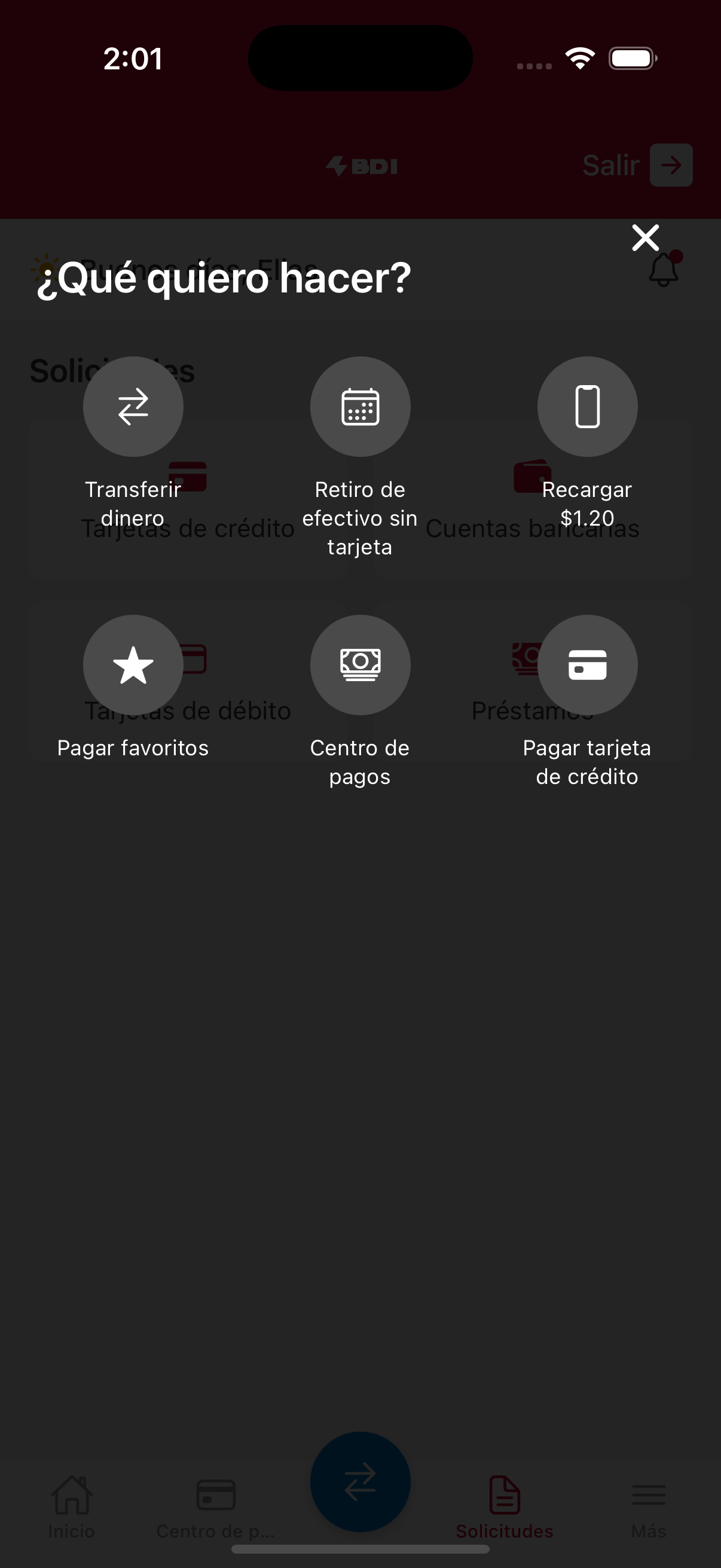 Banking app screen